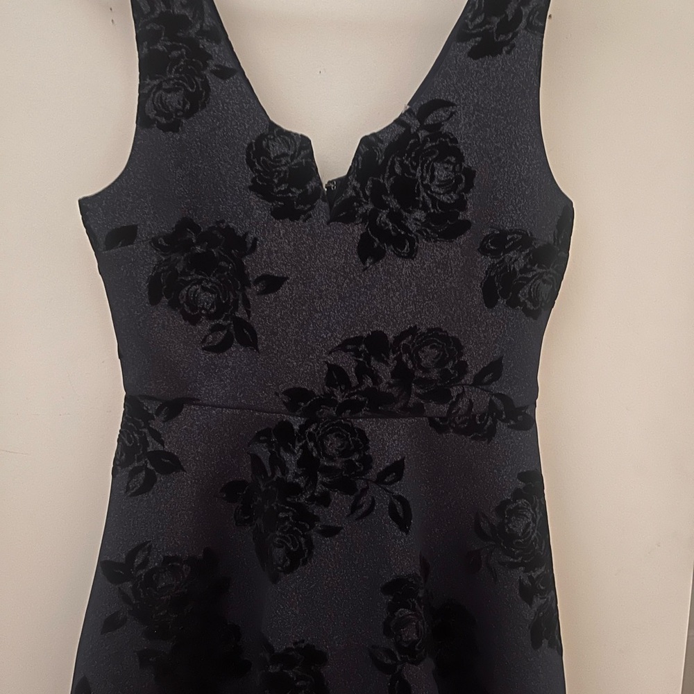 Navy Blue velour shimmer dress with black rose flower print